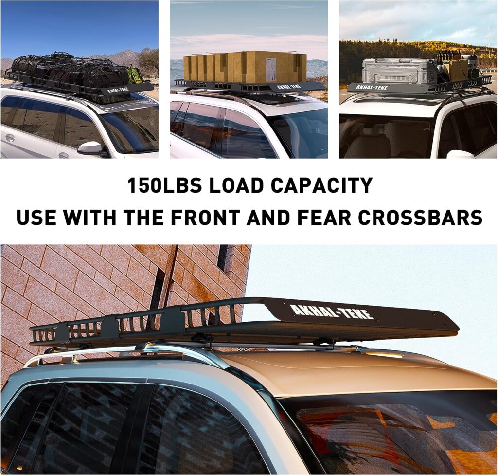 AKHAL-TEKE Roof Rack Basket, Upgraded 84x 39x 4 Roof Rack Cargo Carrier with 4 X 6 Super Duty Bungee Cargo Net, 2 pcs Ratchet Strap Fits for SUV Truck Cars