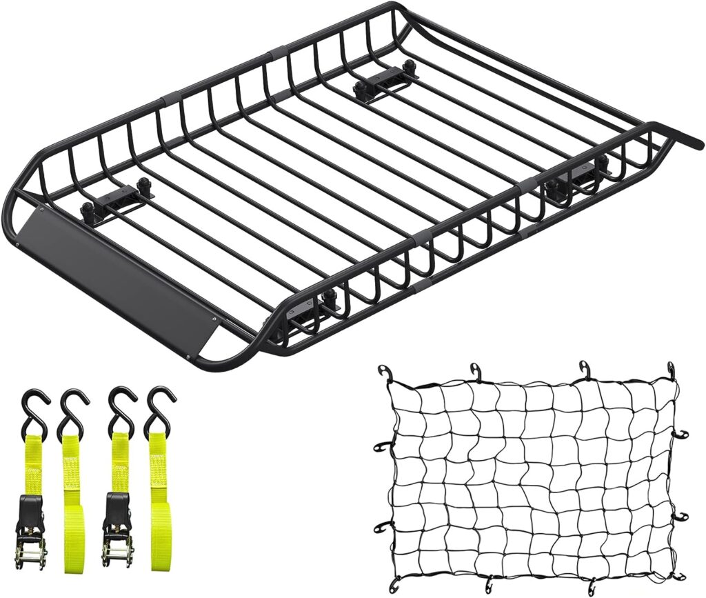 KAIRAY Roof Rack Basket 58(L) x 36(W) x 5.1(H) Extendable Universal Black Rooftop Cargo Carrier Car Top Luggage Carrier for Truck Cars SUV with Cargo Net and Ratchet Straps