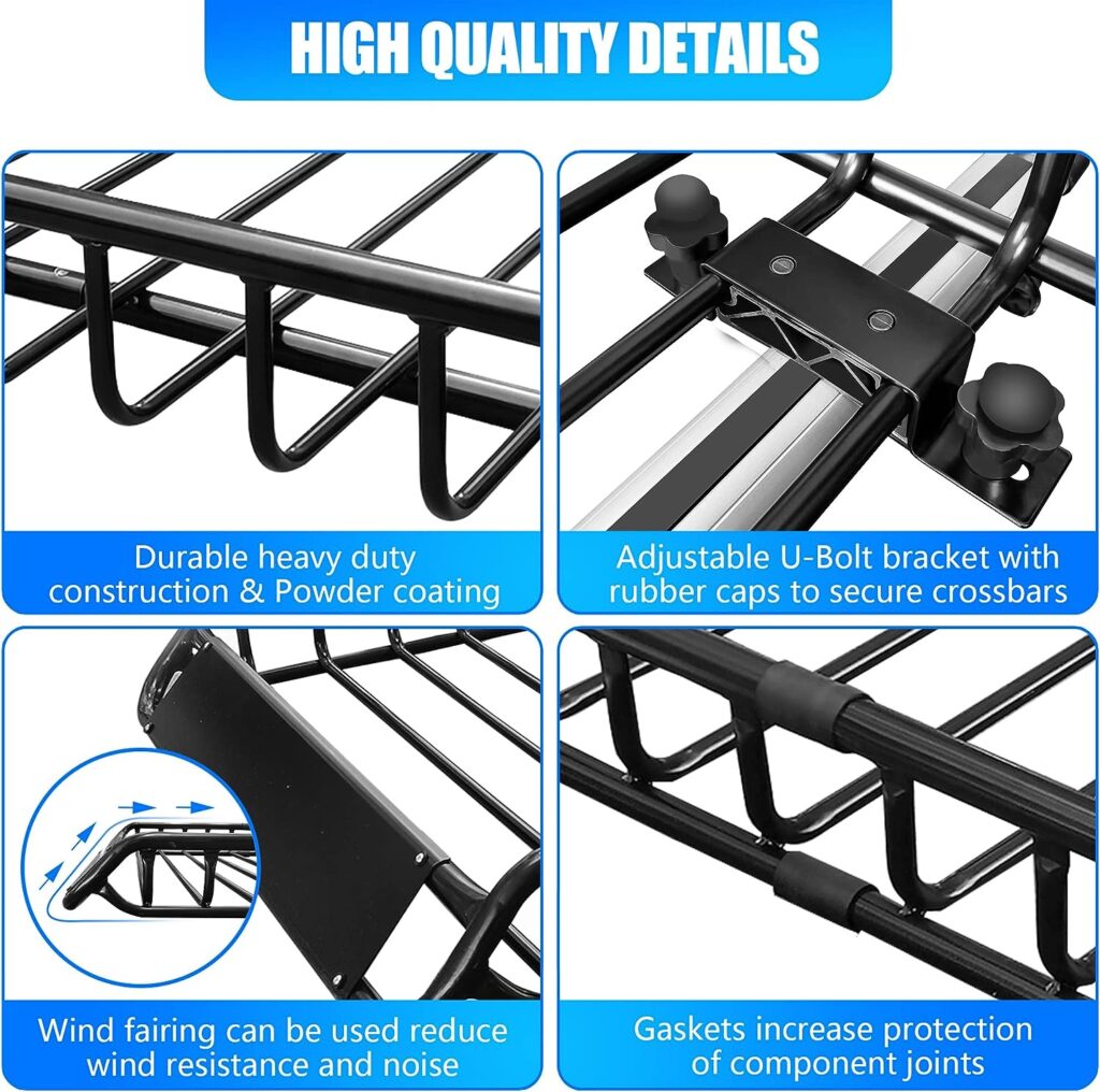 KAIRAY Roof Rack Basket 58(L) x 36(W) x 5.1(H) Extendable Universal Black Rooftop Cargo Carrier Car Top Luggage Carrier for Truck Cars SUV with Cargo Net and Ratchet Straps