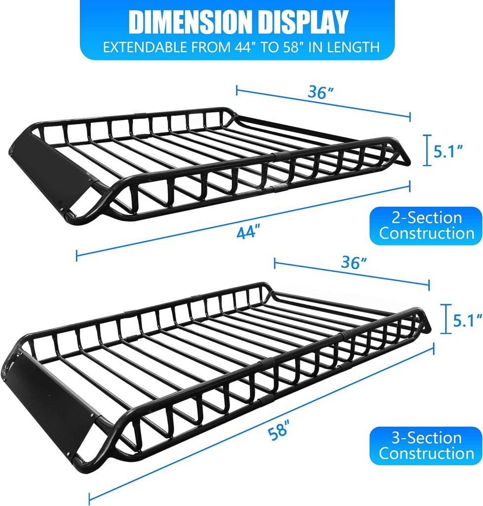 KAIRAY Roof Rack Basket 58(L) x 36(W) x 5.1(H) Extendable Universal Black Rooftop Cargo Carrier Car Top Luggage Carrier for Truck Cars SUV with Cargo Net and Ratchet Straps