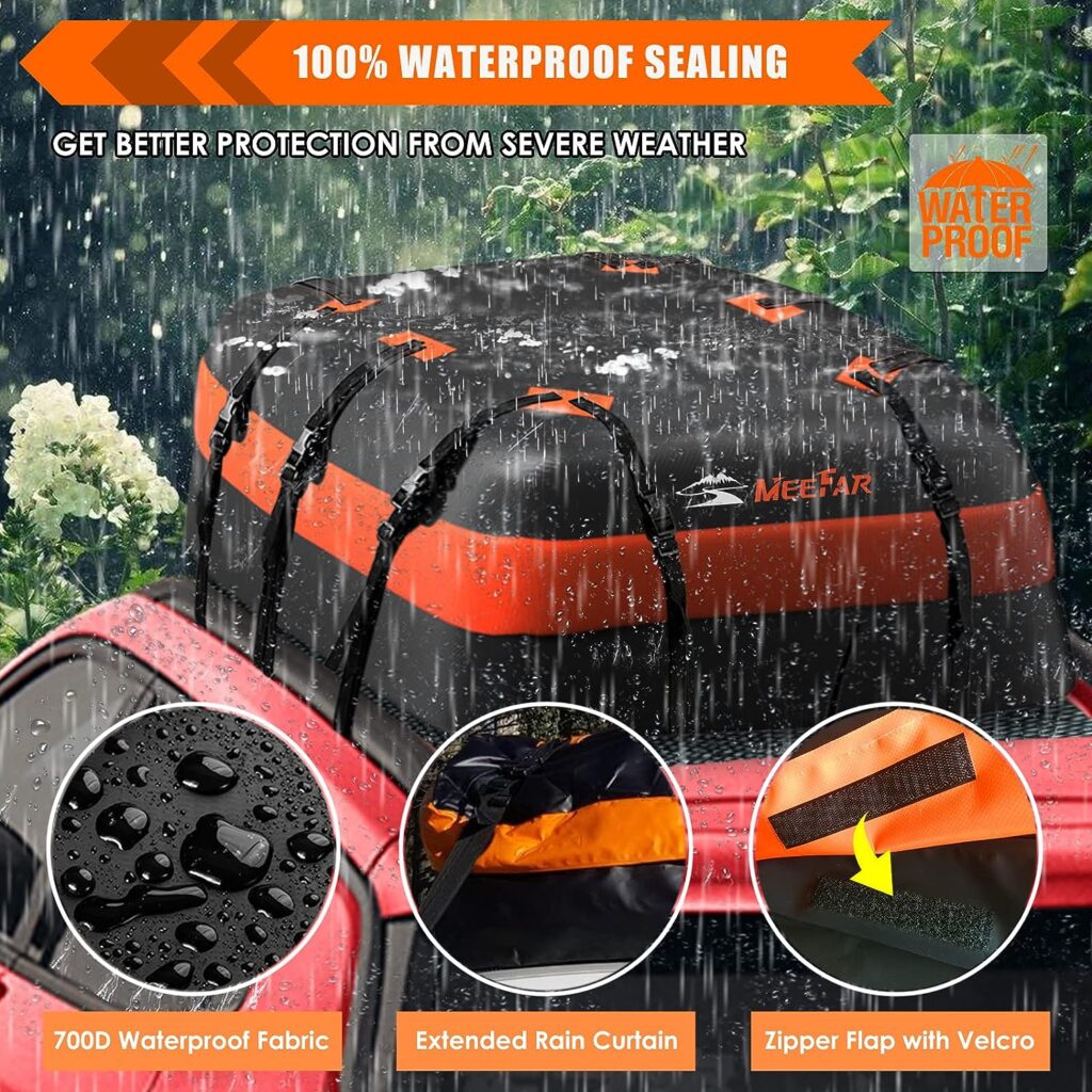 MeeFar Car Roof Bag XBEEK Rooftop top Cargo Carrier Bag 20 Cubic feet Waterproof for All Cars with/Without Rack, Includes Anti-Slip Mat, 10 Reinforced Straps, 6 Door Hooks, Luggage Lock