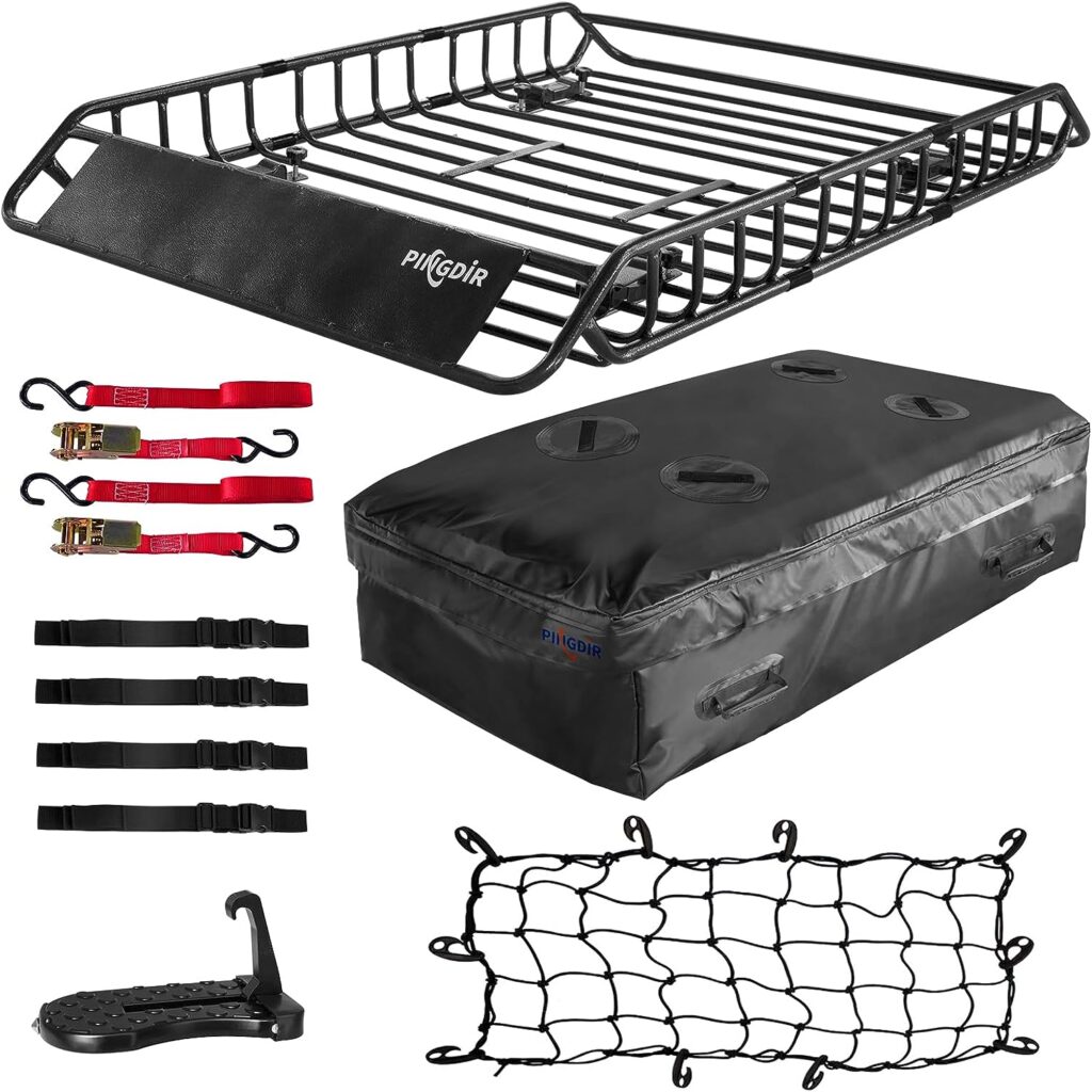 PINGDIR Roof Rack Basket 51 X 36 X 5 Rooftop Rack Cargo Carrier Universal, Waterproof Cargo Bag 44 * 35 * 16, Cargo Net with Attachment Hooks, 2 pcs Ratchet Strap,Roof Pedal