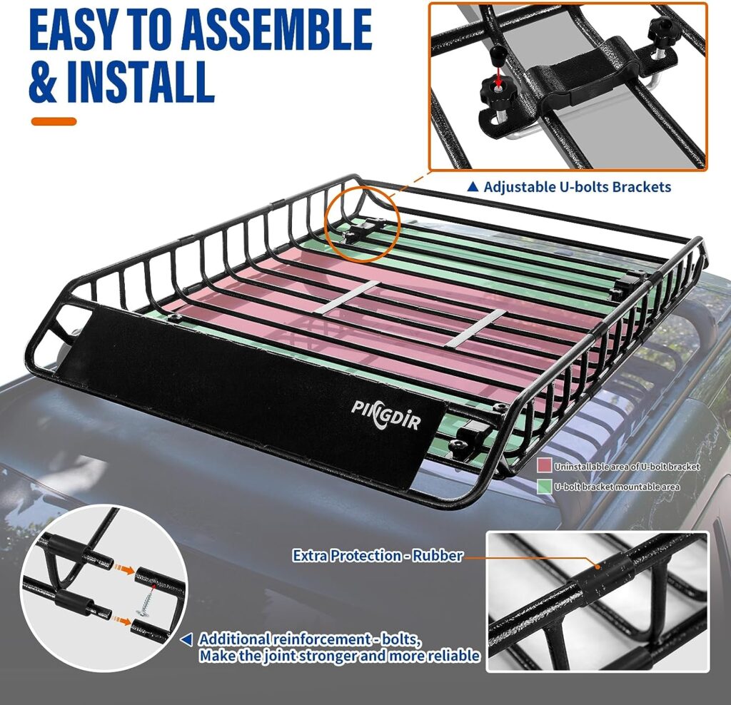 PINGDIR Roof Rack Basket 51 X 36 X 5 Rooftop Rack Cargo Carrier Universal, Waterproof Cargo Bag 44 * 35 * 16, Cargo Net with Attachment Hooks, 2 pcs Ratchet Strap,Roof Pedal