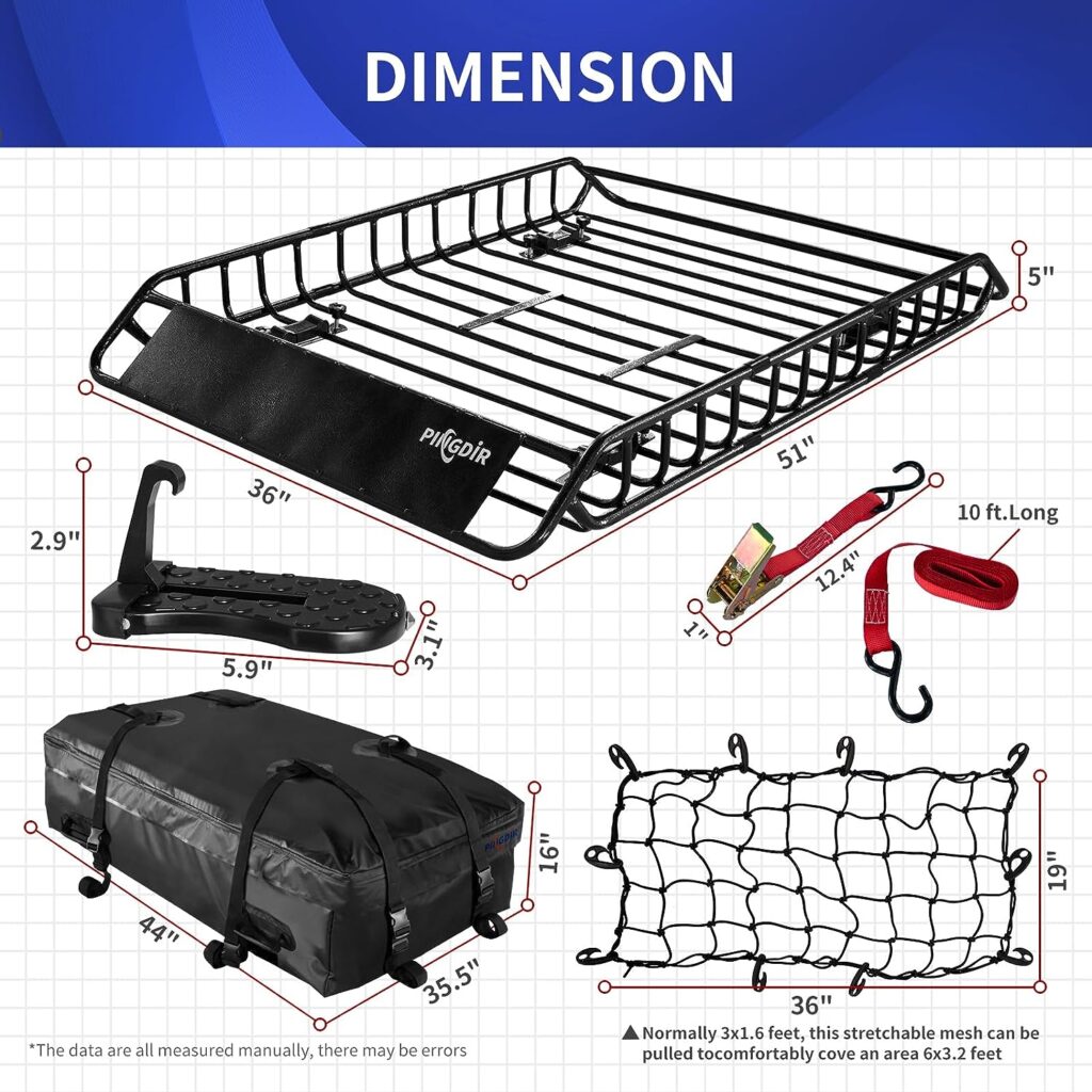 PINGDIR Roof Rack Basket 51 X 36 X 5 Rooftop Rack Cargo Carrier Universal, Waterproof Cargo Bag 44 * 35 * 16, Cargo Net with Attachment Hooks, 2 pcs Ratchet Strap,Roof Pedal