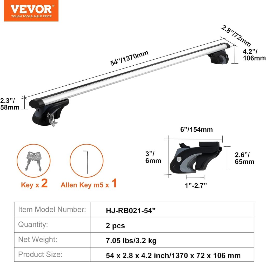 VEVOR Universal Roof Rack Cross Bars, 54 Aluminum Roof Rack Crossbars, Fit Raised Side Rail with Gap, 200 lbs Load Capacity, Adjustable Crossbars with Locks, for SUVs, Sedans, and Vans