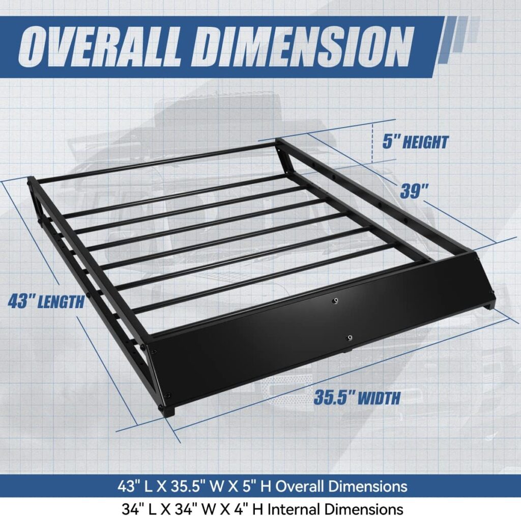 Universal 43 x 35.5 Inches Roof Rack Top Mount Cargo Carrier Basket with Wind Fairing, Stamped Steel, Black Powdercoated