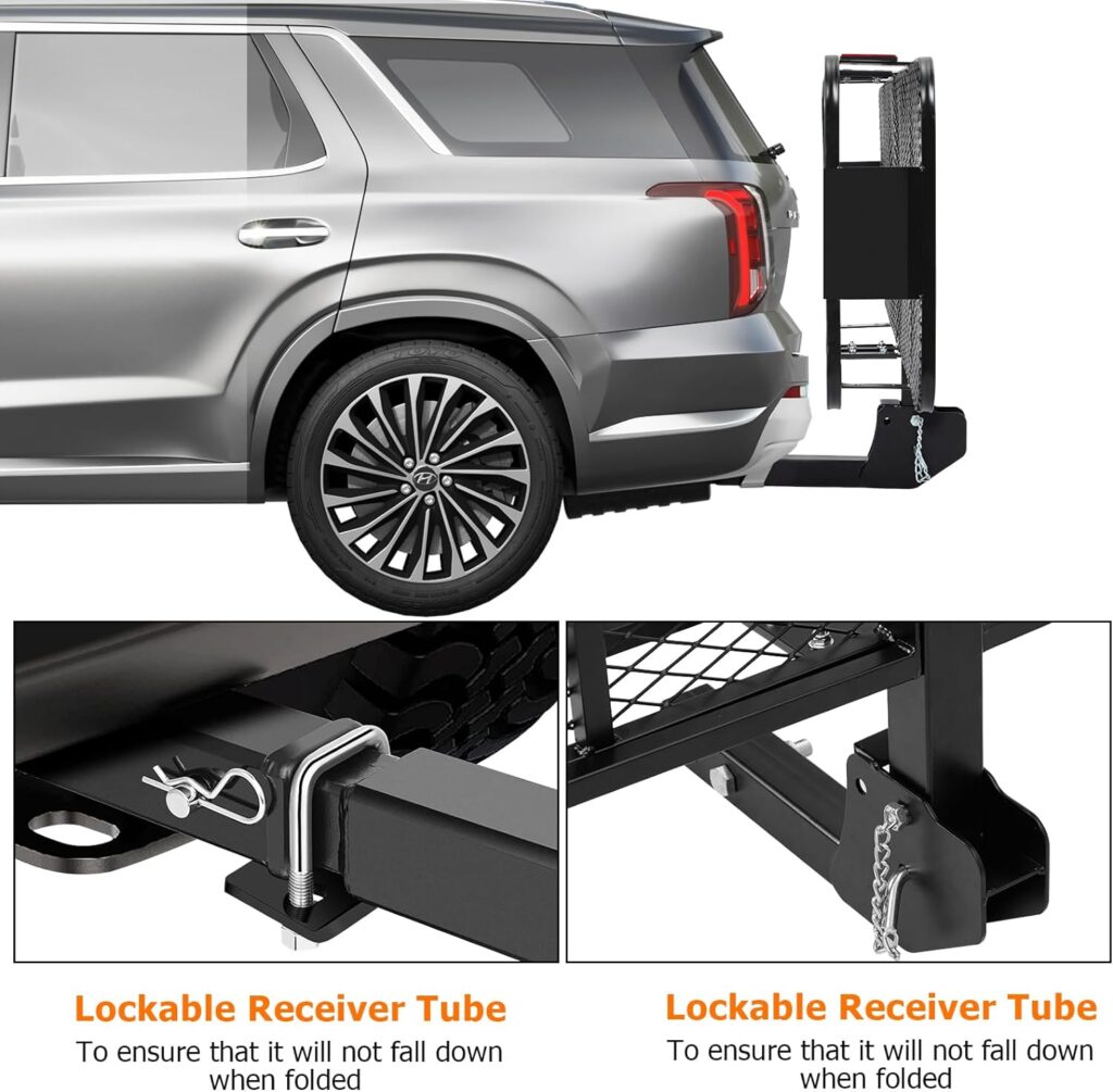 MERXENG 60x20x6 Inch Folding Hitch Mount Cargo Carrier Steel Construction Cargo Basket,500lb Capacity High Side Rails Trailer Hitch Cargo Carrier for Vehicle with 2 Hitch Receiver