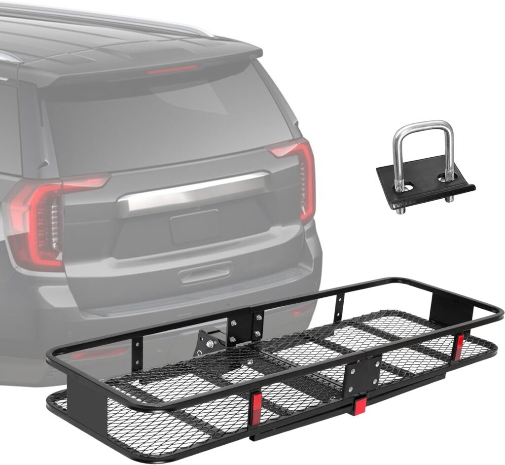 MERXENG 60x20x6 Inch Folding Hitch Mount Cargo Carrier Steel Construction Cargo Basket,500lb Capacity High Side Rails Trailer Hitch Cargo Carrier for Vehicle with 2 Hitch Receiver