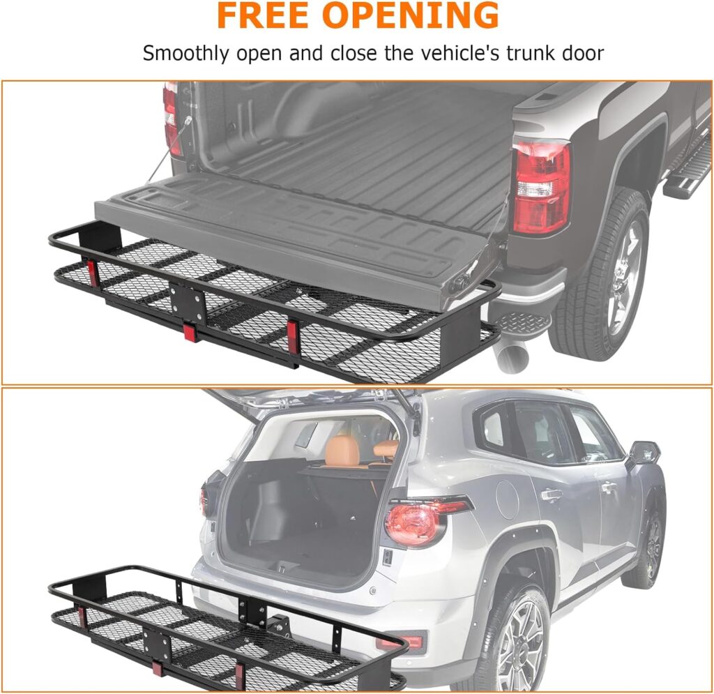 MERXENG 60x20x6 Inch Folding Hitch Mount Cargo Carrier Steel Construction Cargo Basket,500lb Capacity High Side Rails Trailer Hitch Cargo Carrier for Vehicle with 2 Hitch Receiver